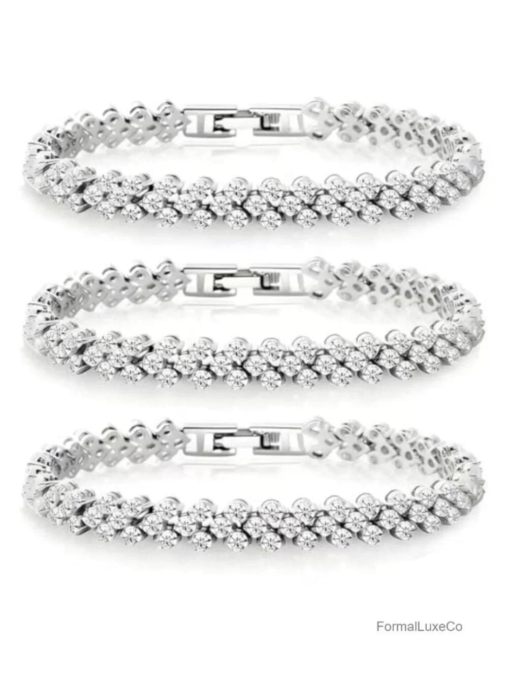 3-Pack Silver Rhinestone Tennis Bracelets Women Hollow Wavy Design Secure Clasp